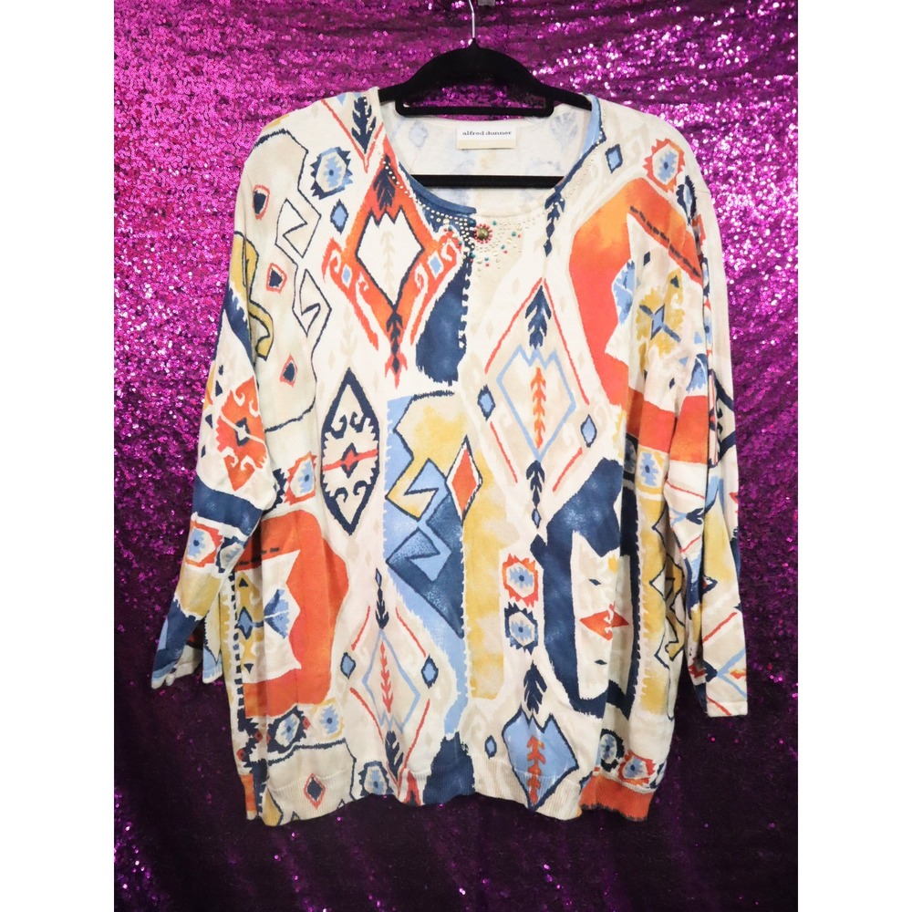 Multicolor Sweater XL Alfred Dunner Women Geometric Ikat Beaded Neck 3/4 Sleeve